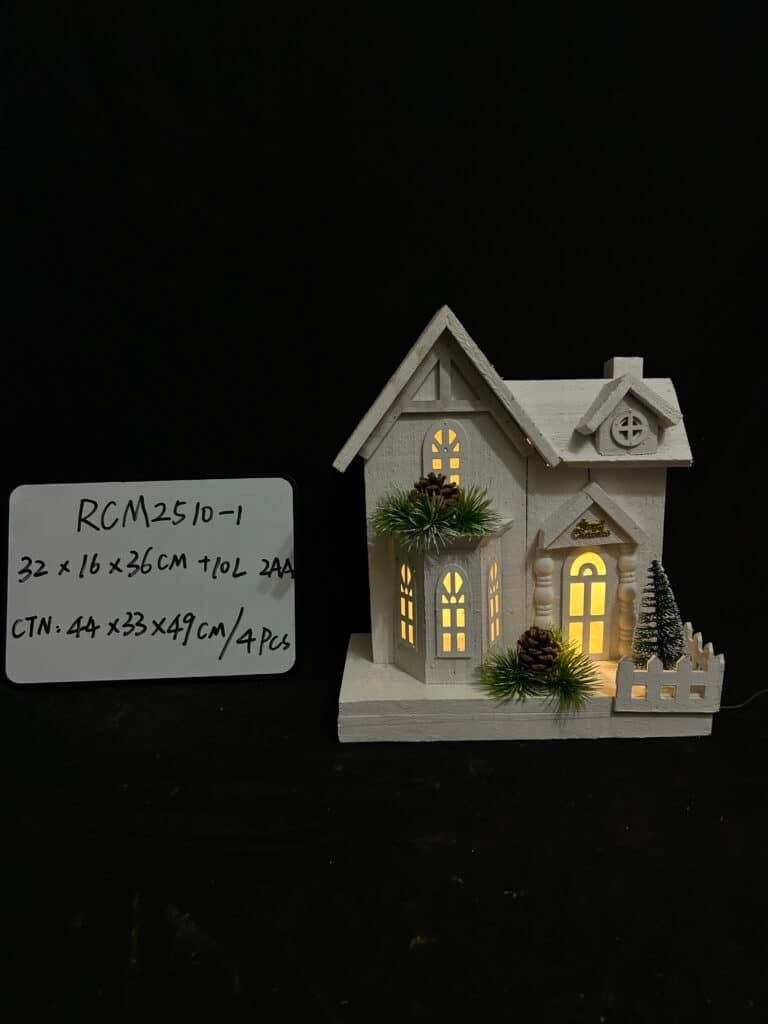 Ruicai Hot selling LED Lighted Flocked Holiday Village Christmas Decoration - White Wooden Christmas Village