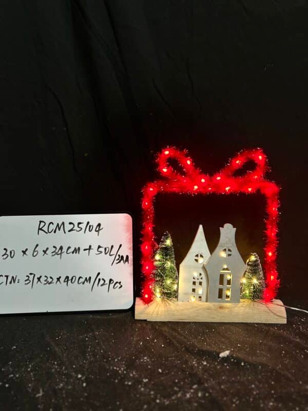 New Style Hot Sell Christmas Tabletop Decoration, Wooden Pre-lit Xmas led gift box Ornament with Metal Frame, Battery Operated LED Light Up Holiday Sign for Indoor Mantel Shelf Decor