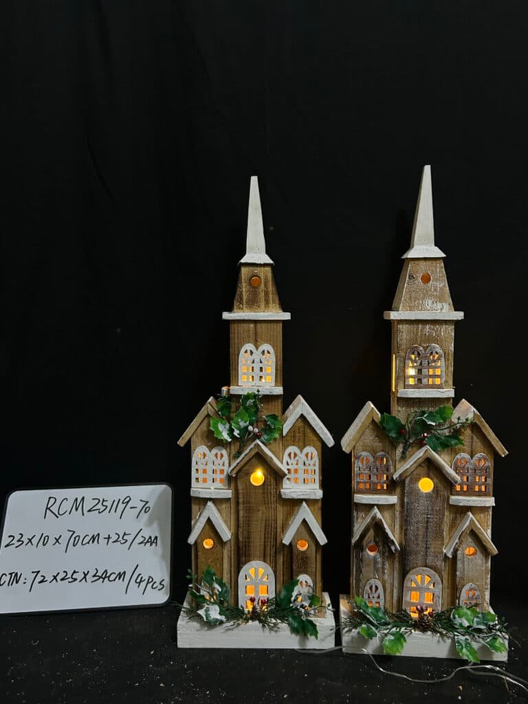 70CM Decorative LED Light Up Rustic Wood Church with Steeple – Vintage Lighted Christmas Village House Farmhouse Mantel Decoration – Tabletop Home Decor