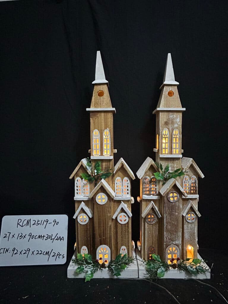 90CM Decorative LED Light Up Rustic Wood Church with Steeple – Vintage Lighted Christmas Village House Farmhouse Mantel Decoration – Tabletop Home Decor
