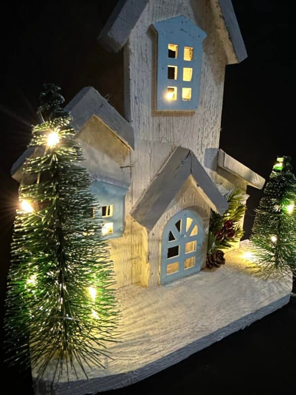 Christmas Wood Village Christmas LED Church Light House Snow Scene Xmas Decorations for Christmas Desktop Ornament Holiday Home Decor