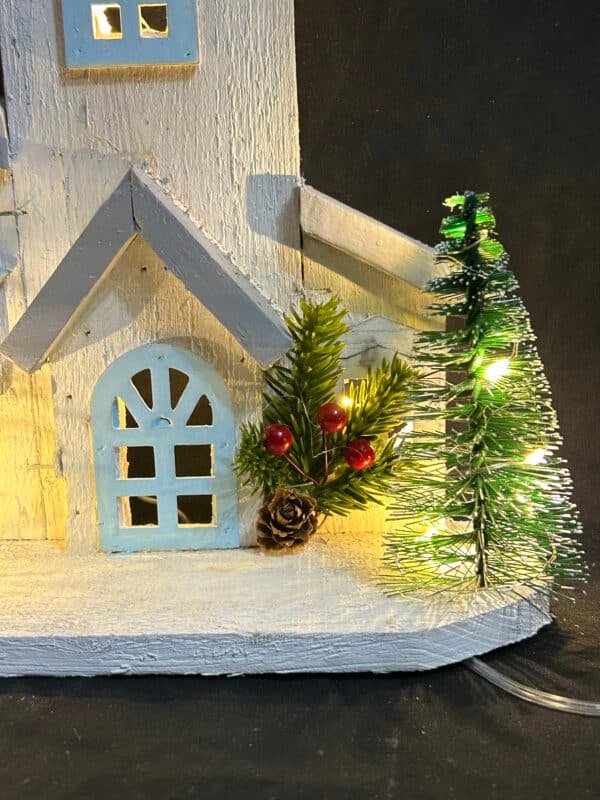 Christmas Wood Village Christmas LED Church Light House Snow Scene Xmas Decorations for Christmas Desktop Ornament Holiday Home Decor