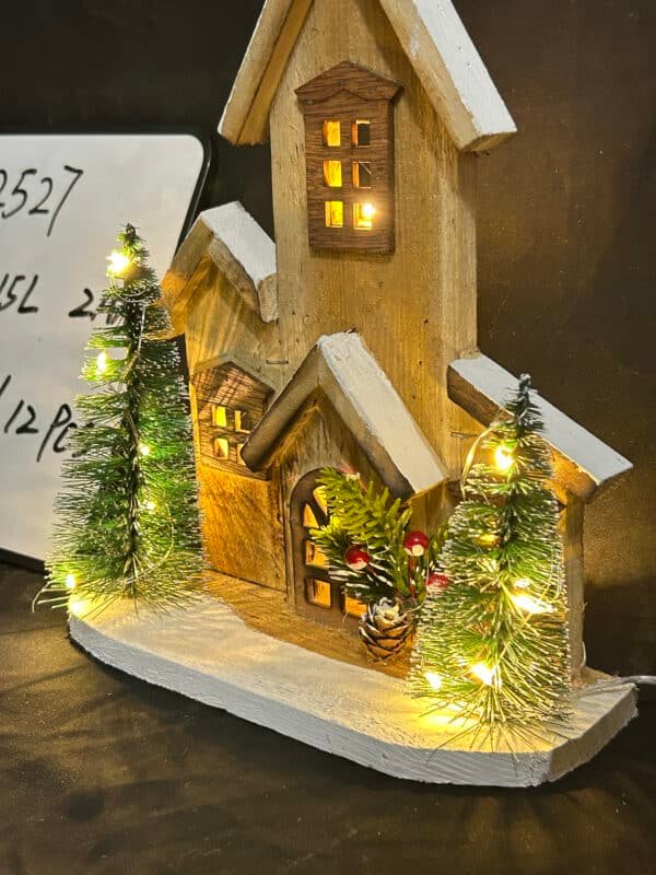 Christmas Wood Village Christmas LED Church Light House Snow Scene Xmas Decorations for Christmas Desktop Ornament Holiday Home Decor