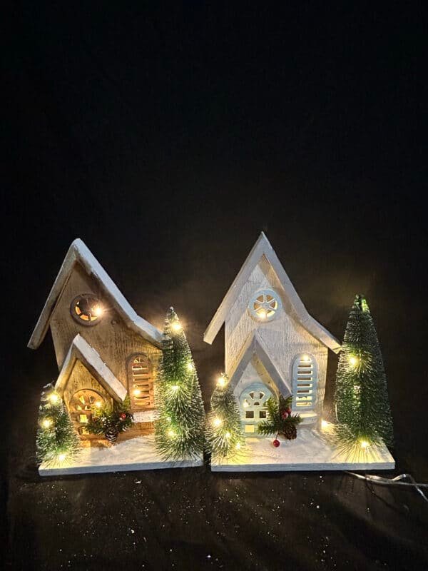 LED Lighted Flocked Holiday Village Christmas Decoration - White Wooden Christmas Village
