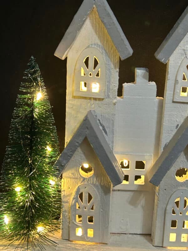 2025 Large Christmas Stocking Lighted Christmas Village Set Christmas Village with White Village Houses Mantel Christmas Trees LED Candles Xmas Village Buildings House Decor