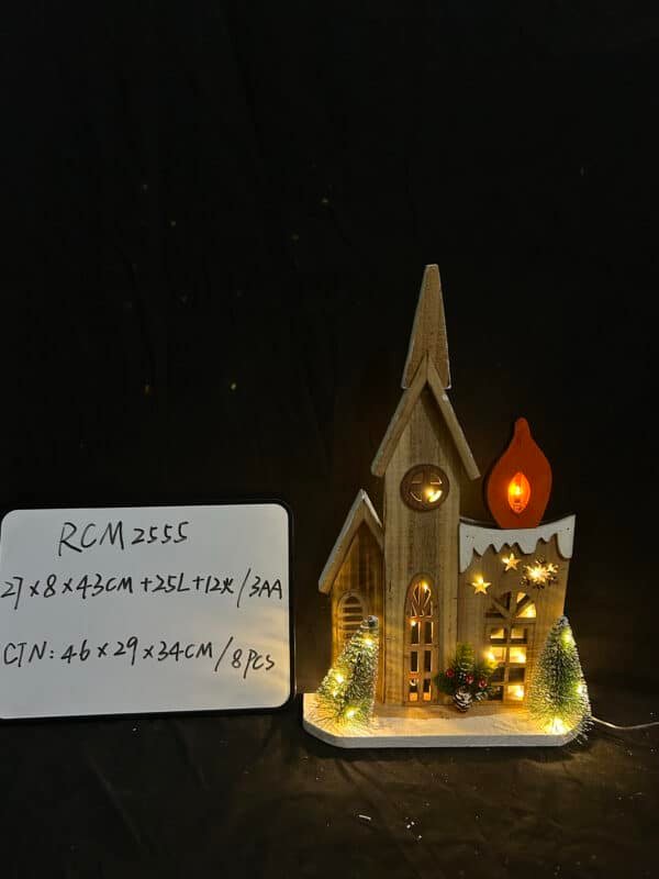 Christmas Scene Wooden Cathedral Church Village Houses Town with Warm White LED Light Battery Operate Christmas Tabletop Ornament for Indoor Home Holiday Decor