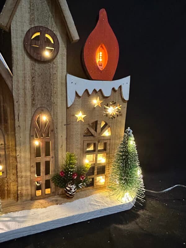 Christmas Scene Wooden Cathedral Church Village Houses Town with Warm White LED Light Battery Operate Christmas Tabletop Ornament for Indoor Home Holiday Decor