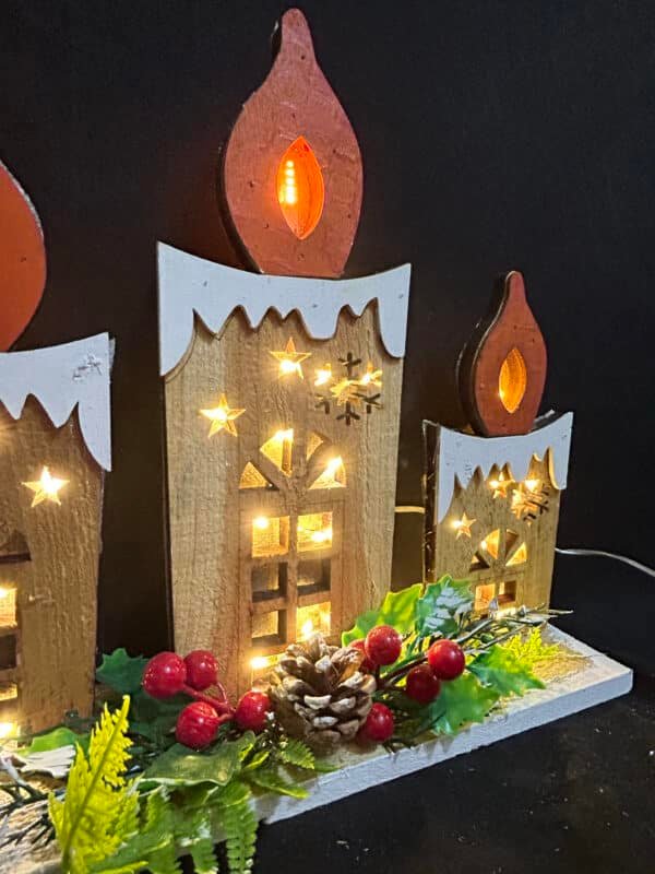Christmas LED Candle Landscape Light Decoration - Wooden Holiday Scene with Warm White Lights, Battery-Powered (AAA), Festive Tabletop Centerpiece