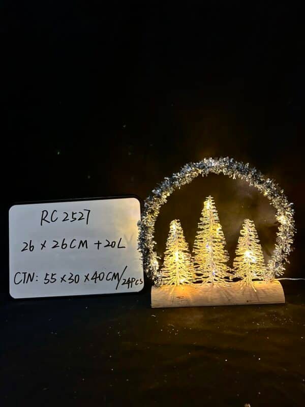Christmas Tabletop Decoration, Wooden Pre-lit Xmas Chriatmas tree Ornament with Metal Frame, Battery Operated LED Light Up Holiday Sign for Indoor Mantel Shelf Decor