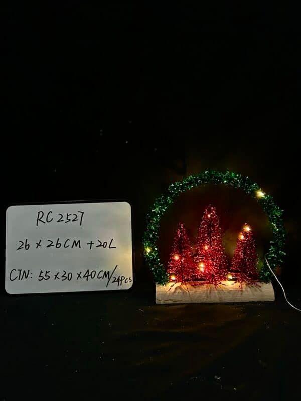 Christmas Tabletop Decoration, Wooden Pre-lit Xmas Chriatmas tree Ornament with Metal Frame, Battery Operated LED Light Up Holiday Sign for Indoor Mantel Shelf Decor