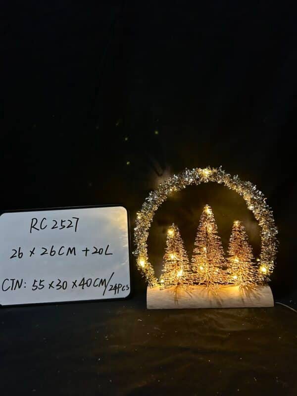 Christmas Tabletop Decoration, Wooden Pre-lit Xmas Chriatmas tree Ornament with Metal Frame, Battery Operated LED Light Up Holiday Sign for Indoor Mantel Shelf Decor