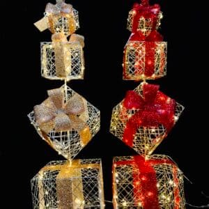 Christmas Lighted Gift Boxes Decorations Set of 4, Stackable Christmas Nesting Boxes Battery Operated for Home and Party Decoration (10"-8"-6"-4", Red Bow)