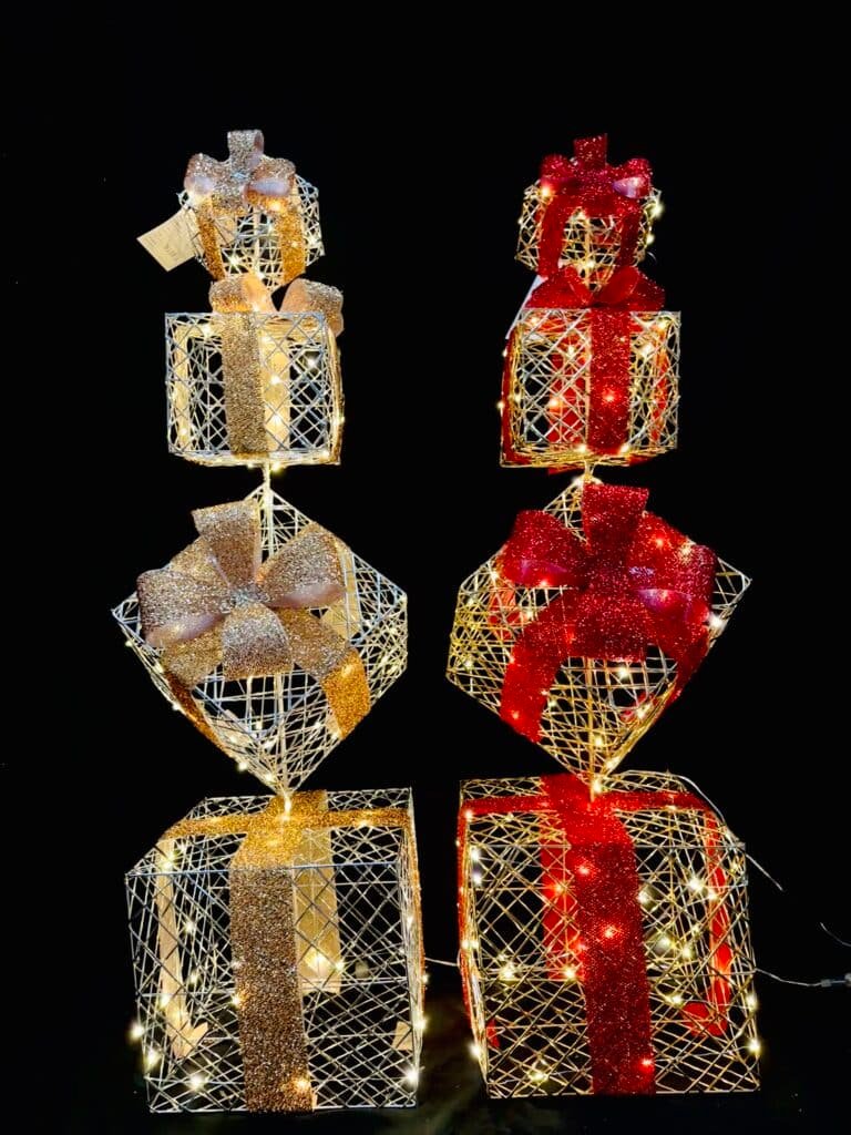 Christmas Lighted Gift Boxes Decorations Set of 4, Stackable Christmas Nesting Boxes Battery Operated for Home and Party Decoration (10"-8"-6"-4", Red Bow)