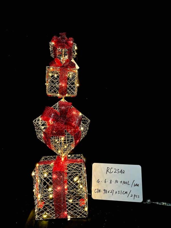 Christmas Lighted Gift Boxes Decorations Set of 4, Stackable Christmas Nesting Boxes Battery Operated for Home and Party Decoration (10"-8"-6"-4", Red Bow)