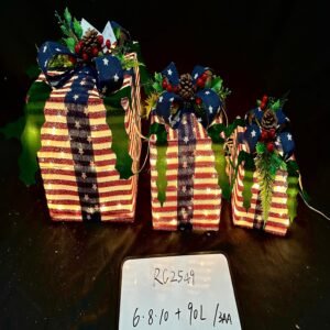 Christmas Set of 3 Lighted Gift Boxes Decorations, Pre-lit 90L LED Light Up Christmas Tree Skirt Ornament, Indoor Outdoor USA Present Box for Holiday Party X-mas