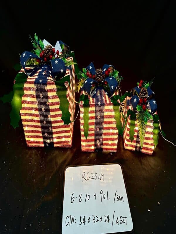 Christmas Set of 3 Lighted Gift Boxes Decorations, Pre-lit 90L LED Light Up Christmas Tree Skirt Ornament, Indoor Outdoor USA Present Box for Holiday Party X-mas