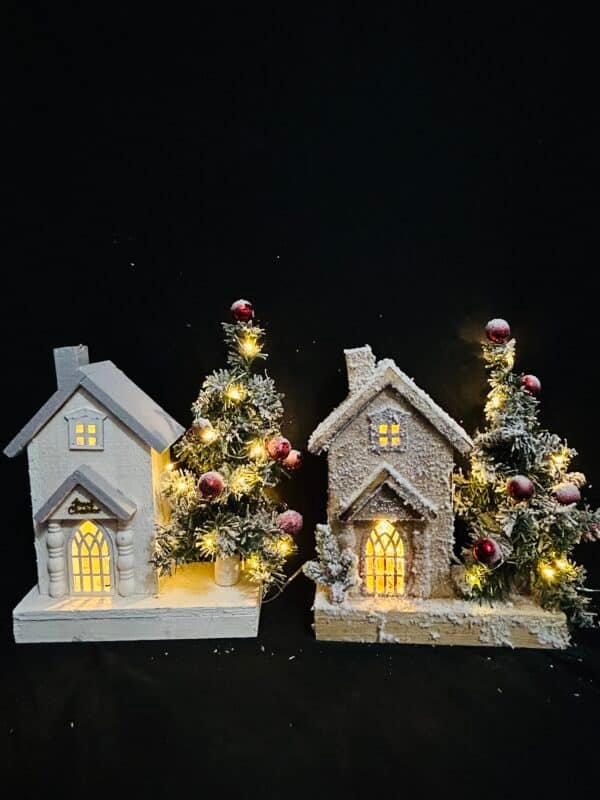 LED Lighted Snow Houses, Wooden White Houses Decor, Collectible Buildings