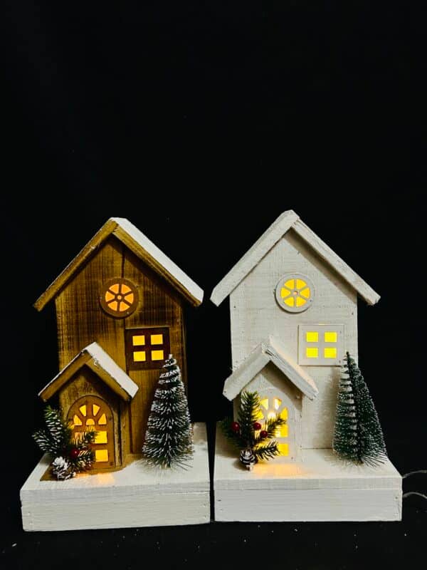 High Sales White Christmas Village Houses, Light Up Small wooden Village House with Christmas Trees, LED Lighted Tabletop House Figurines for Home Decor, Winter Holiday