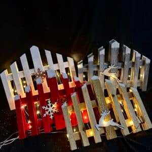 30CM Christmas Wooden Tree Fence with LED String Light Xmas Wooden Picket Fence Holiday Indoor Garden Fence for Christmas Tree Garden Grass Lawn Party Decorations